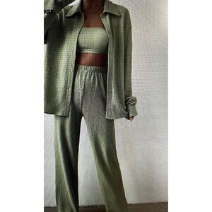 Sage Green Textured Button-Up Shirt & Pant Set Lg Comfortable Casual NWOT